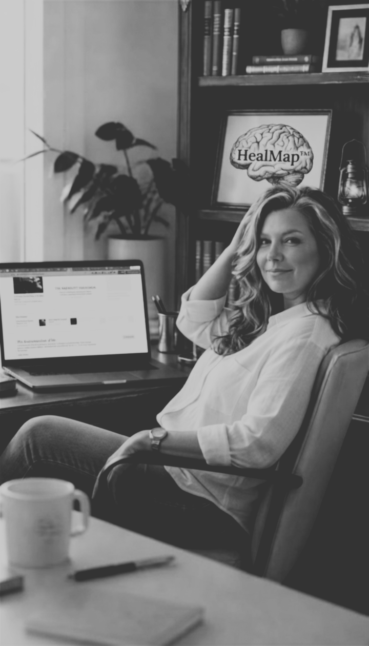 C.A. Lewis seated at her desk beside a framed HealMap™ brain print, a laptop open to her writing.
